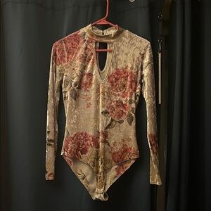 Charlotte Russe Floral Velvet Bodysuit - Cream and Red